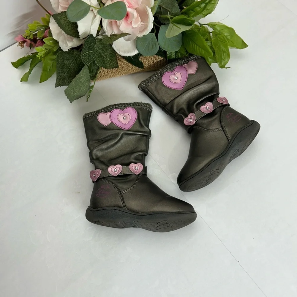 Black Kids Boots with Pink Heart Accents